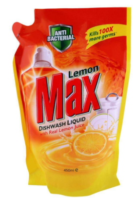 Lemon Max Dishwash Liquid, With Real Lemon Juice, Pouch, 450ml (4807105347669)