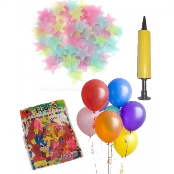 Pack of 100 Latex Party Balloons,Air Pump & Stars (4624250962005)