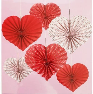 Red Heart Valentines Party Hanging swirls Decorations - 6 pcs Paper Fans (4838280888405)
