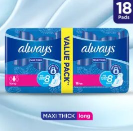 Always Thicks Maxi Sanitary Pads, Long, Value Pack 18pcs (4643204431957)