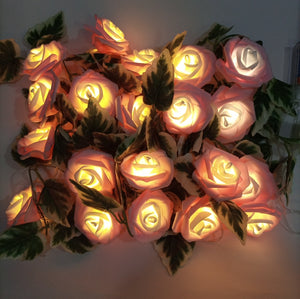 Pink and White Led roses with leaf string fairy light - Fairy Rose Flower Light String Battery/USB Powered Christmas Holiday Decoration Lamp for Valentine Wedding Garland (4838745243733)