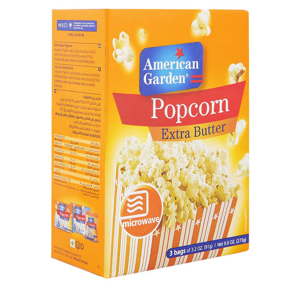 American Garden Popcorn Extra Butter Flavor 3 x 91 g Sachets Net Weight 273 g (USA) (4716136628309)