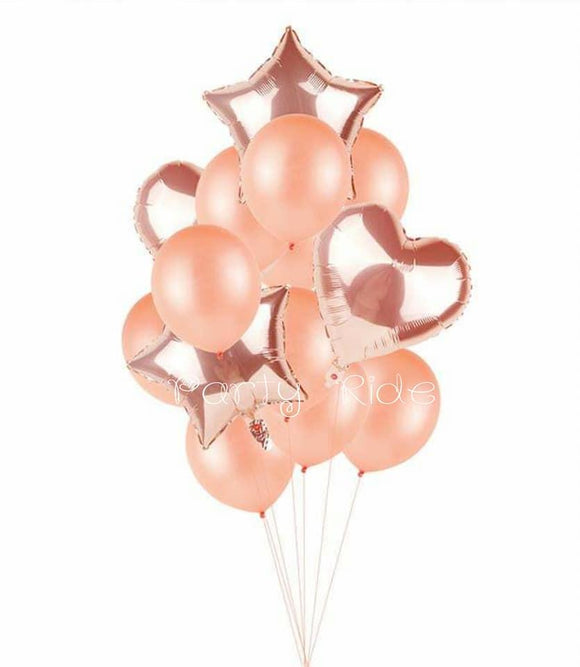 Supplies for all Rose Gold color Balloons set- 14 Balloons (2 Rose Gold Star foil balloons, 2 Rose Gold heart foil balloons, 10 Rose Gold big latex balloons) / birthday decor/ bridal shower/ Anniversary decor/ baby shower/ Love/ valentines decor/ (4839298269269)