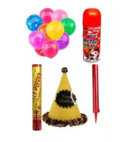 Birthday Package A Party Popper Sparking Candle Birthday Cap 12 Birthday Balloons & Snow Spray (4651708710997)