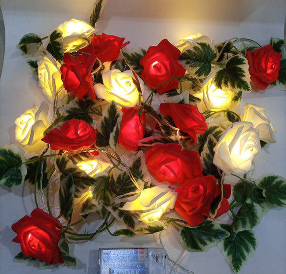 Red and White Led roses with leaf string fairy light - Fairy Rose Flower Light String Battery/USB Powered Christmas Holiday Decoration Lamp for Valentine Wedding Garland (4838744948821)